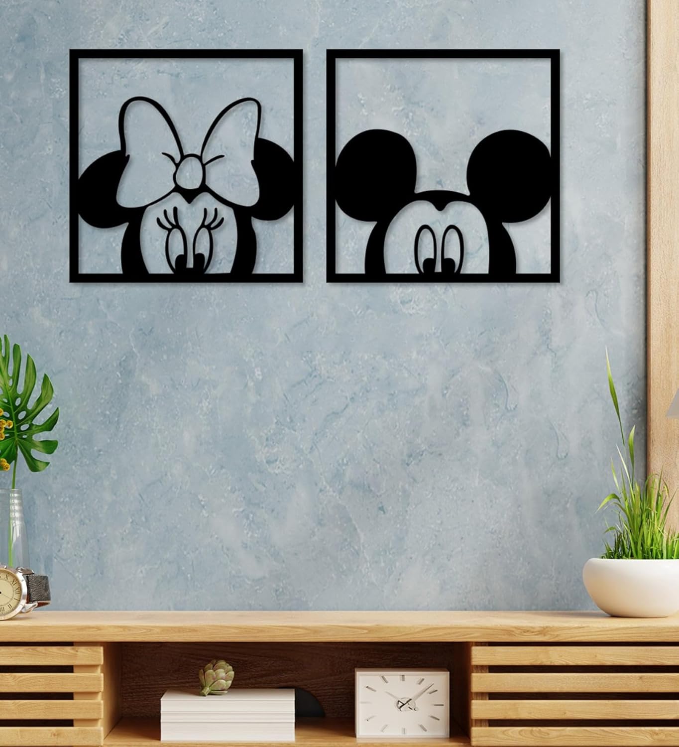 2 Pcs Cartoon Mouse Ear Wooden Wall Decor | Black Minimalist Kids Room Wall Art for Nursery