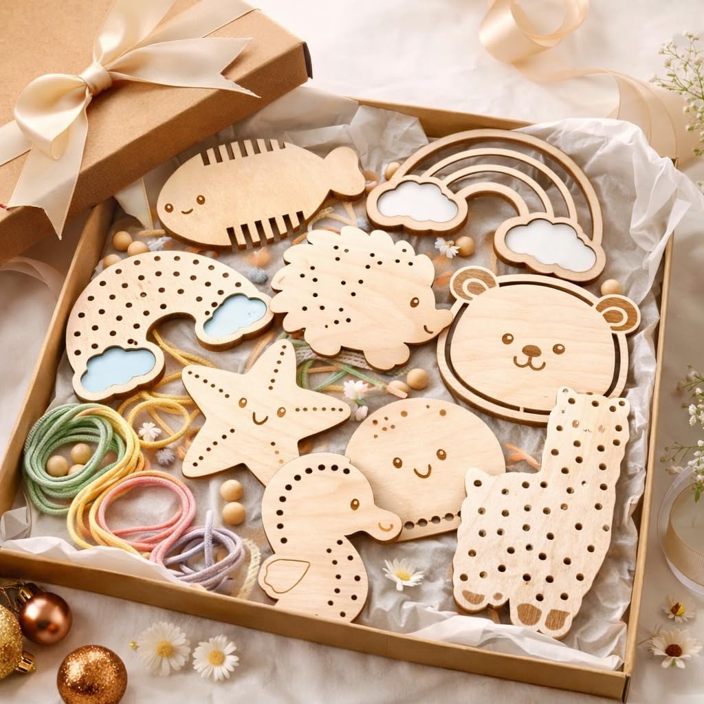 Set of 9 Wooden Lacing Toys for Kids | Animal Stringing Beadsv