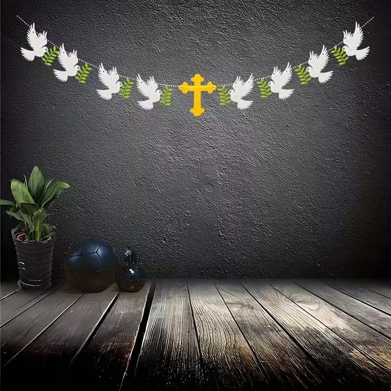 9 Pcs Religious Decor Yellow Cross & Olive Branch Dove Wreaths | Felt Fabric White Dove Hanging Decorations