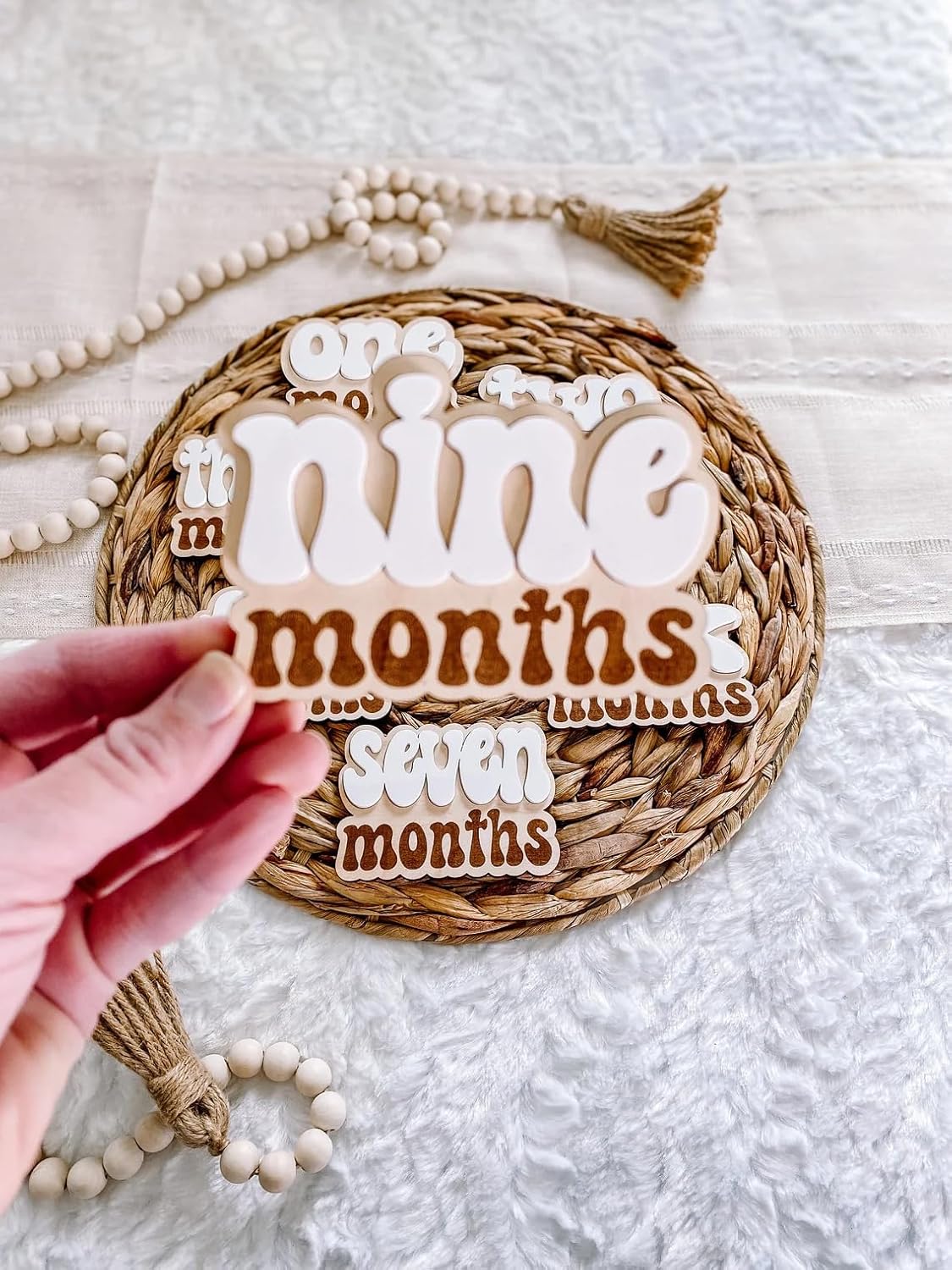 13-Piece Baby Monthly Milestone Markers – 3D Engraved Wood Plaque Set