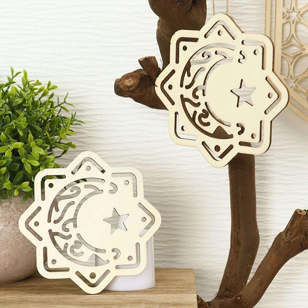 Haoser Set of 10 Eid Special Wooden Pendants, Islamic Festival Decorations, Crescent Moon and Star Design, Handcrafted Eid Mubarak Gifts, Wooden Eid Ornaments, Ramadan and Eid Home Decor (DGN-5) - Haoser