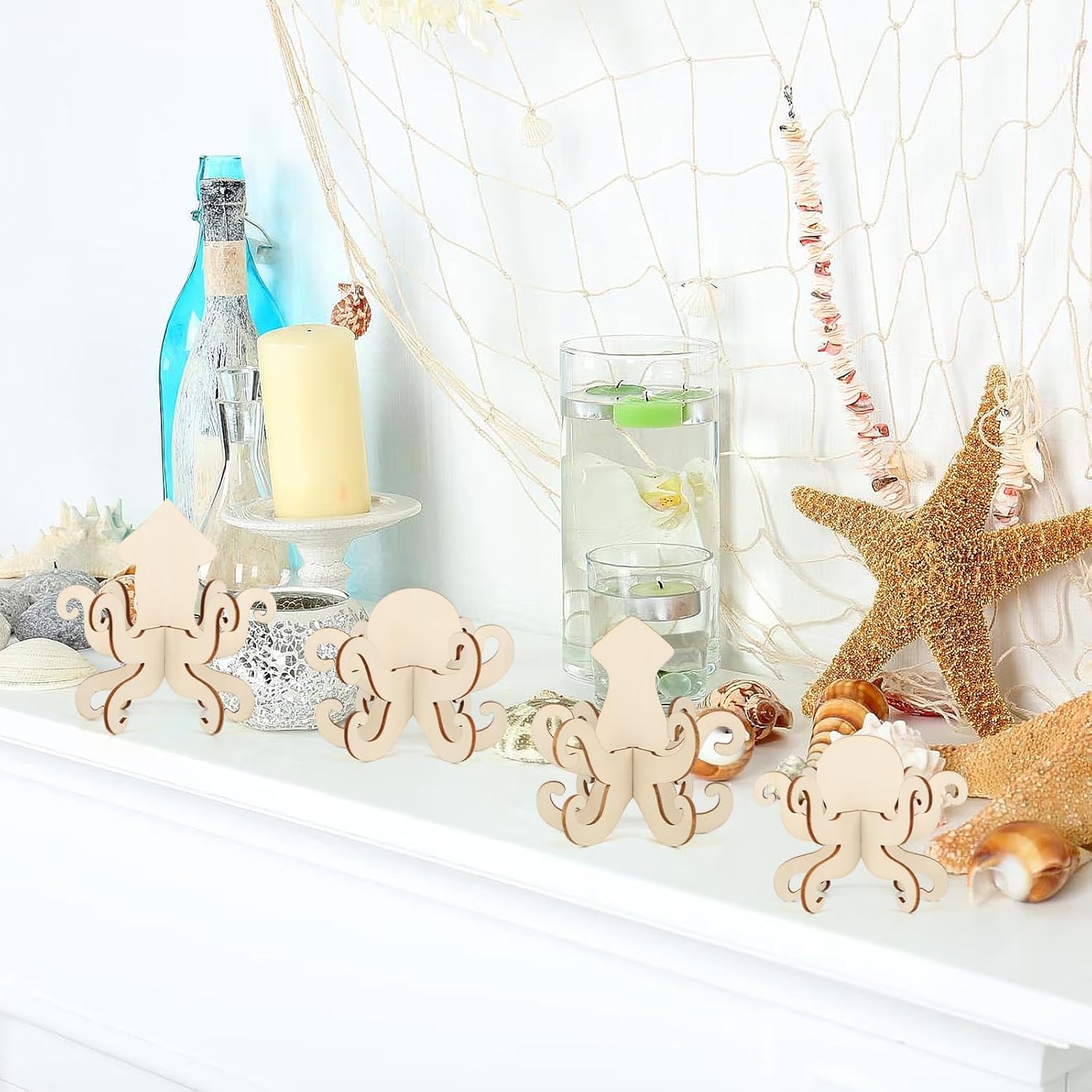 12 PCS DIY 3D Ocean Theme MDF Wooden Cutouts for Painting | Octopus Squid Craft Shapes