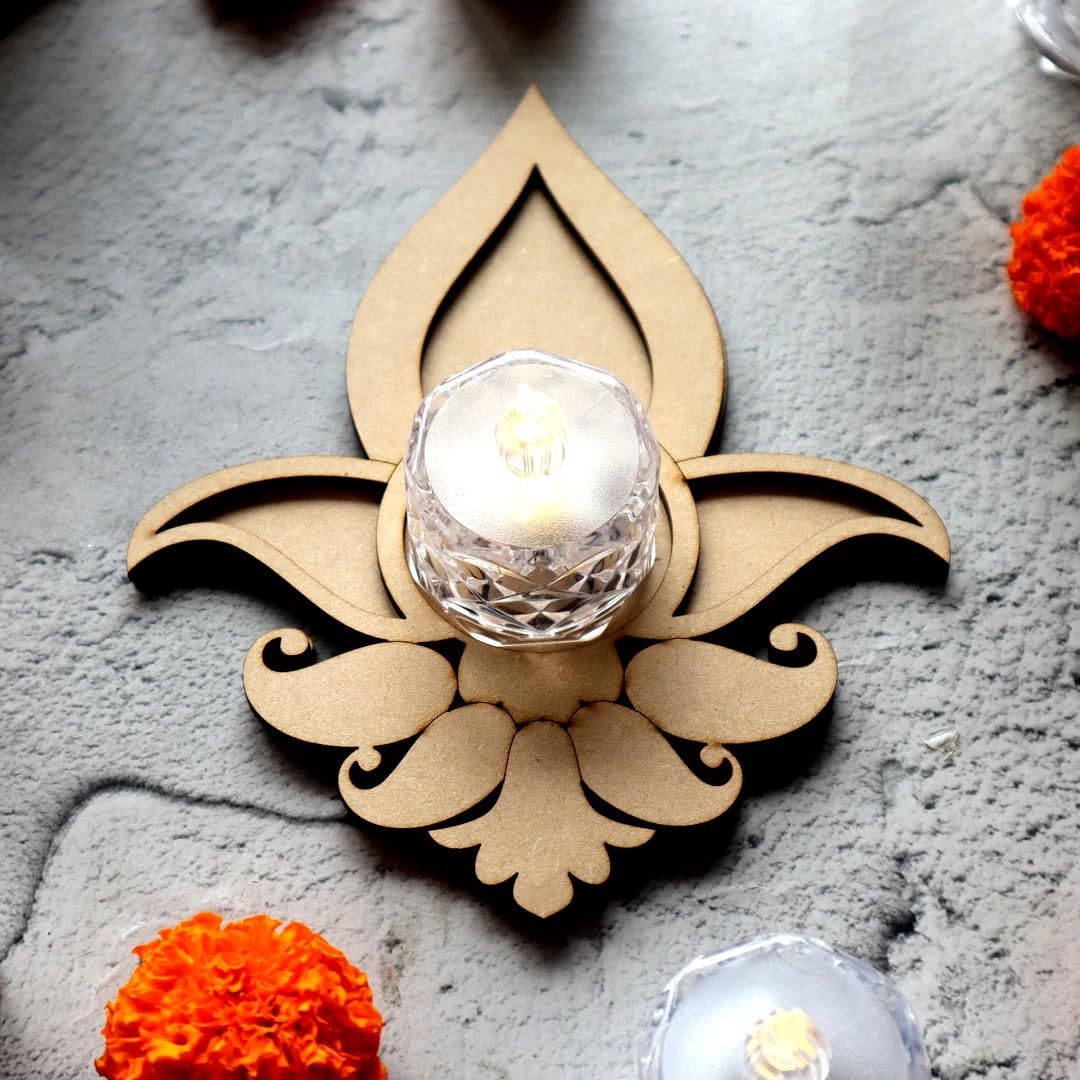 2 Pcs Wooden MDF Tea Light Holder 4x4 Inch – 3 Layered Nested Motif Design for Home Decor, Diwali Decoration