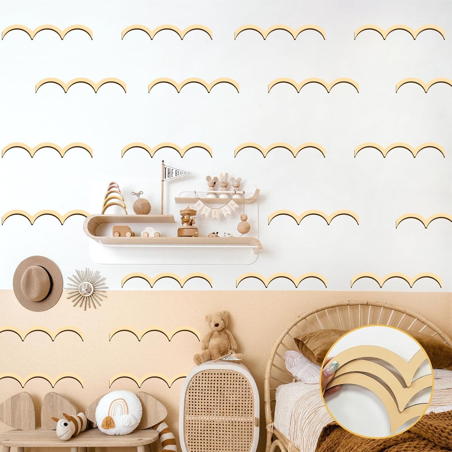 15 PCS Large Wooden Baby Nursery Sign Decal, Peel and Stick Wall Trim, Colorable Kids Room Decor, Unfinished Wood Molding Waves for Playroom Cabinet Shelf Wall Art – 14.9x2.3 Inch