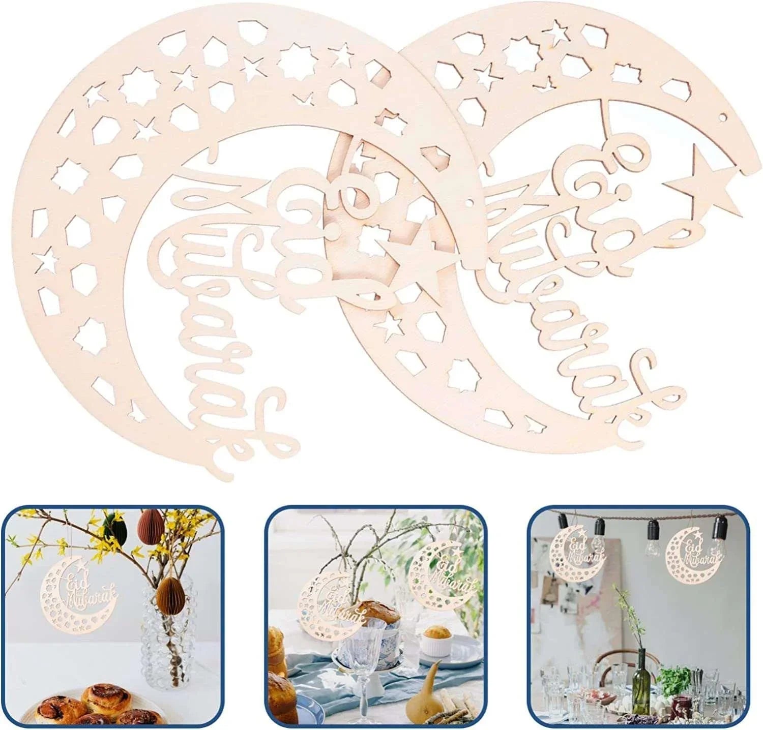 Haoser 4 Pack Ramadan Decorations for Home -Eid Mubarak Hanging Ornaments, Eid Mubarak Ornaments Slices Crescent Moon Shape Pendant for Ramadan Festival DIY Craft Home Decoration - Haoser