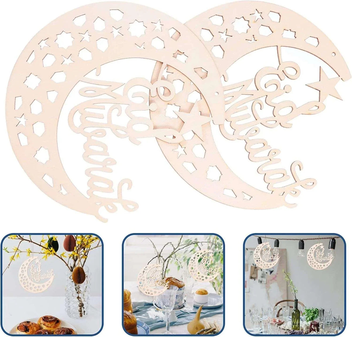 Haoser 4 Pack Ramadan Decorations for Home -Eid Mubarak Hanging Ornaments, Eid Mubarak Ornaments Slices Crescent Moon Shape Pendant for Ramadan Festival DIY Craft Home Decoration - Haoser