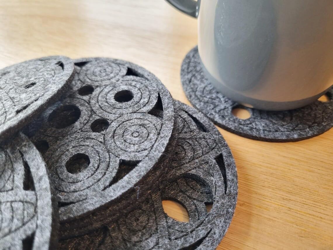 Set of 9 Geometric Felt Coasters – Gray | 4 Inch Round Laser-Cut Drink Coasters | Modern Table Decor & Surface Protection | Washable Felt Coaster Set