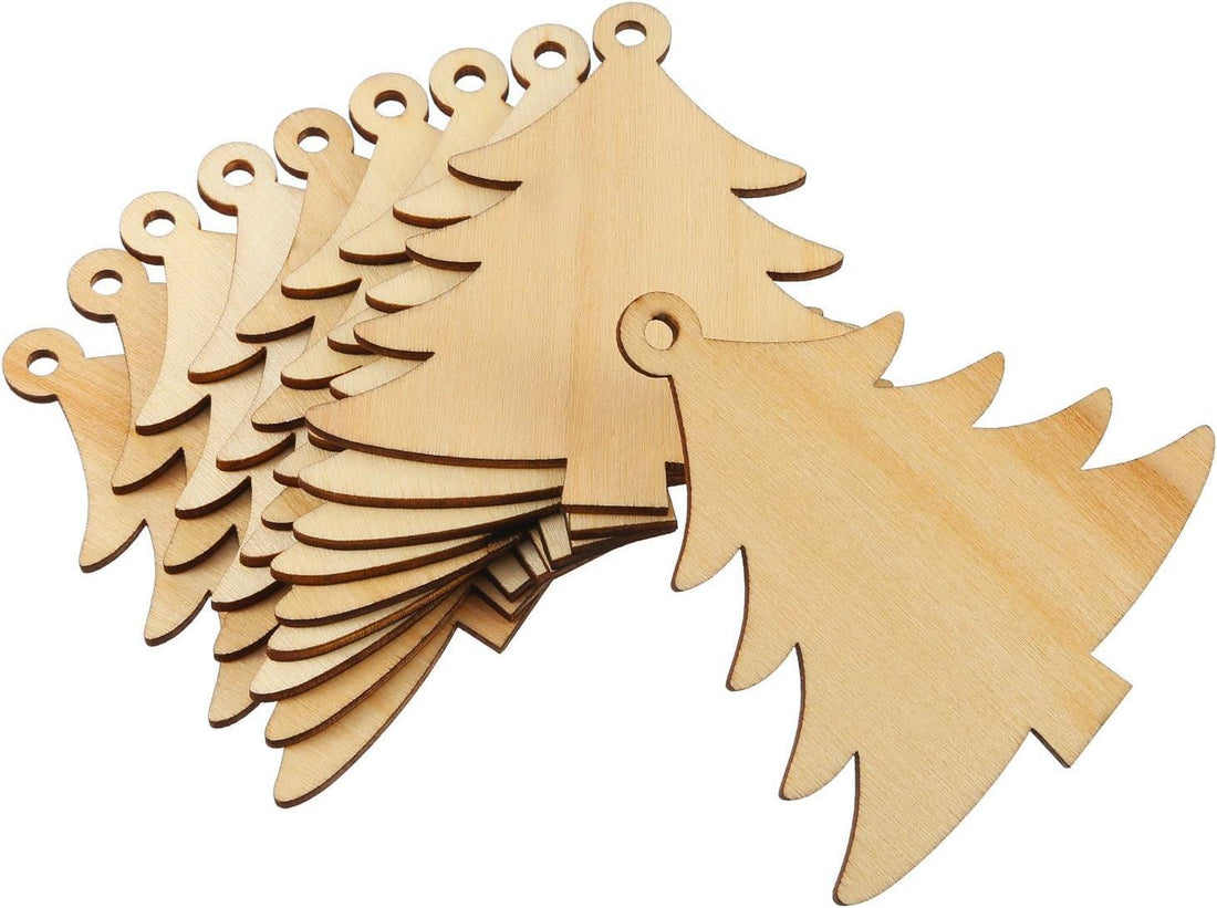 Haoser 12 Pieces Wooden Christmas Tree Cutouts Crafts Embellishments Unfinished Christmas Tree Hanging Ornaments Blank Christmas Tree Wood Cutouts Slice - Haoser