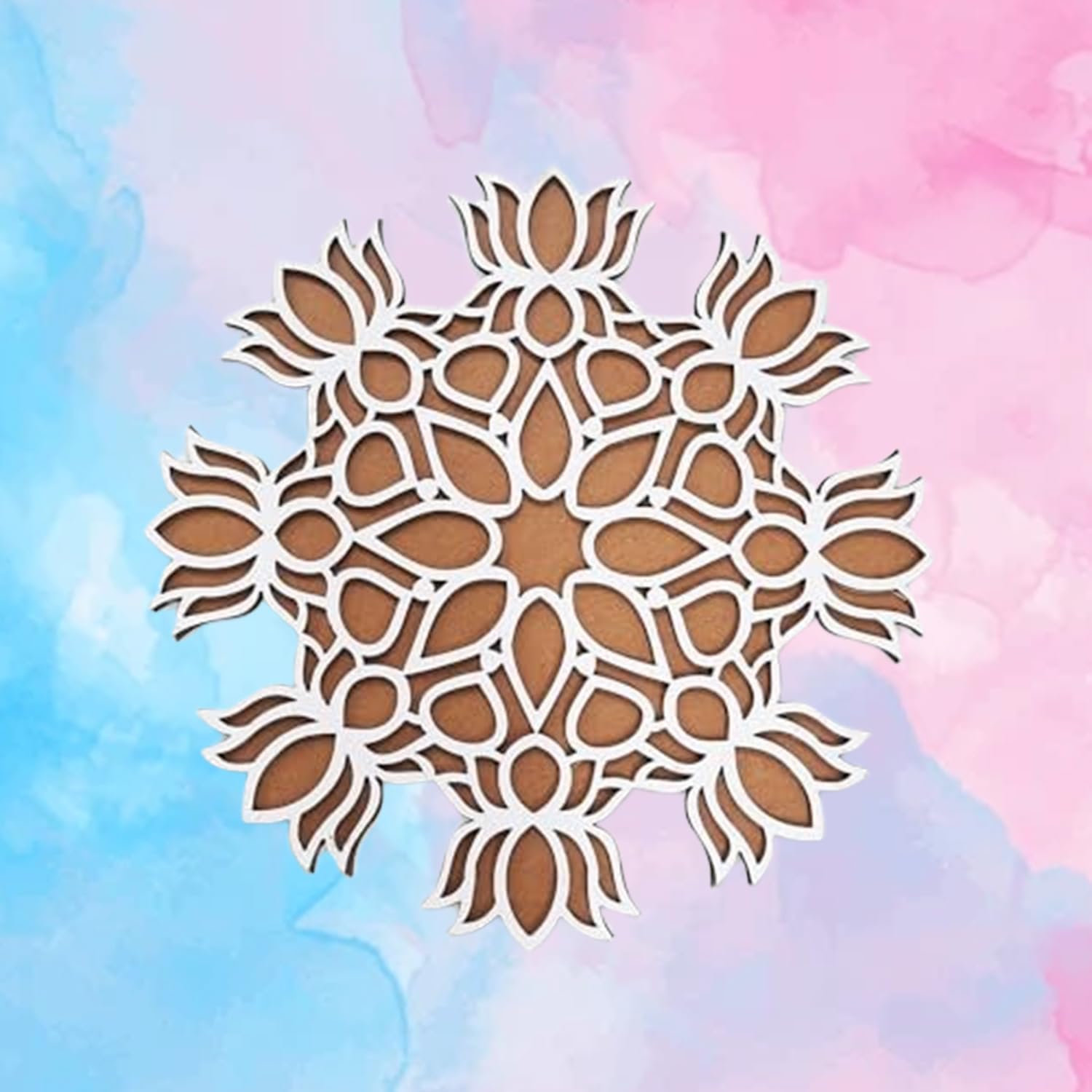 Wooden Rangoli Mat Lotus Design – 7.5 Inch MDF Readymade Flower Rangoli Board for Diwali Decoration