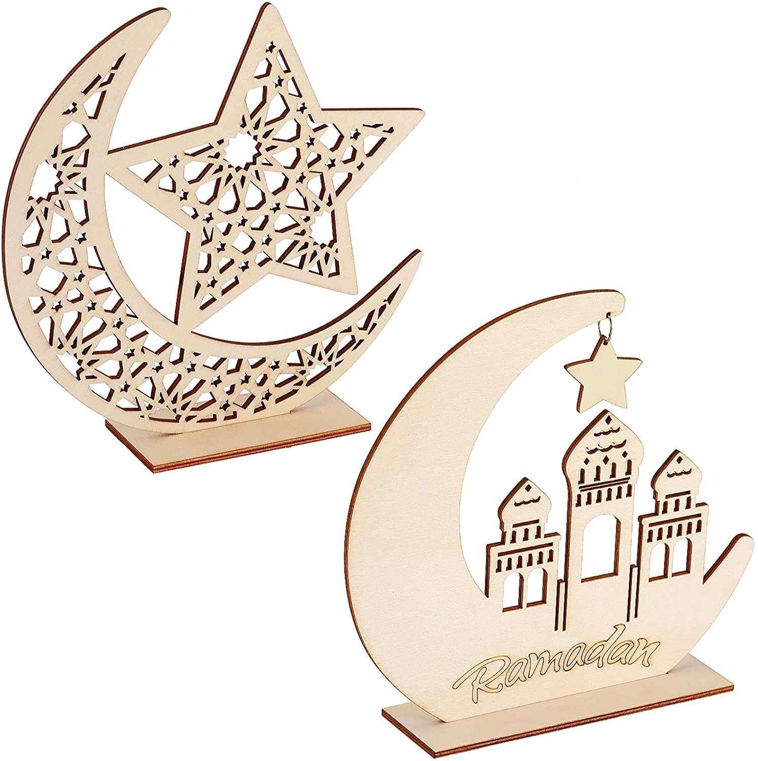 Set of 2 Ramadan Wooden Ornament Eid Hanging Plaque Ornaments Moon Hollow Star Ornament for Ramadan Eid Mubarak Party Home Room Table Art Craft Decoration. - Haoser