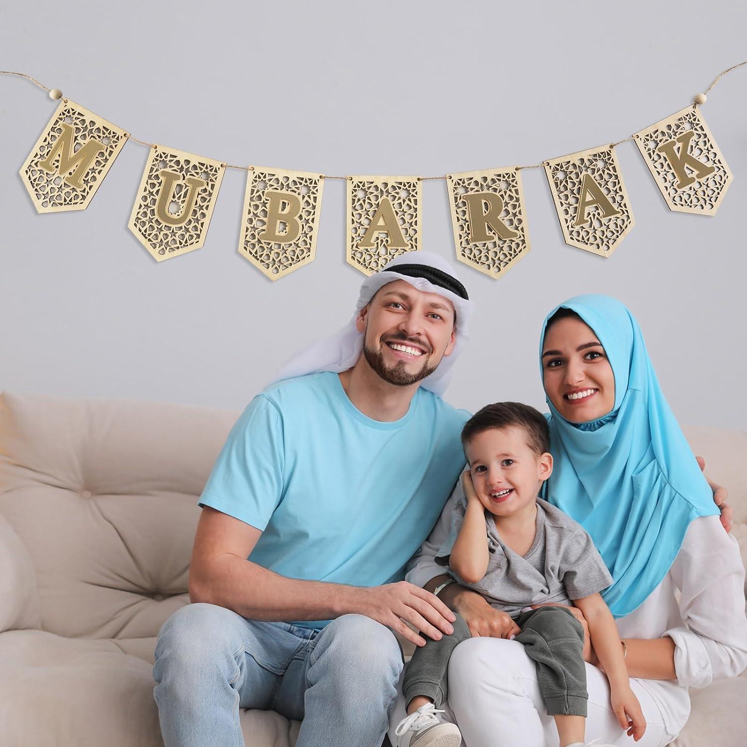 Haoser Ramadan Banner Decorations for Home 2024 Eid Mubarak Wooden Sign Ramadan/Eid Banner, Islamic Decor, Eid Mubark Decorations for Home,Islamic Muslim Mosque Door Fireplace Decor Ramadan Gifts - Haoser
