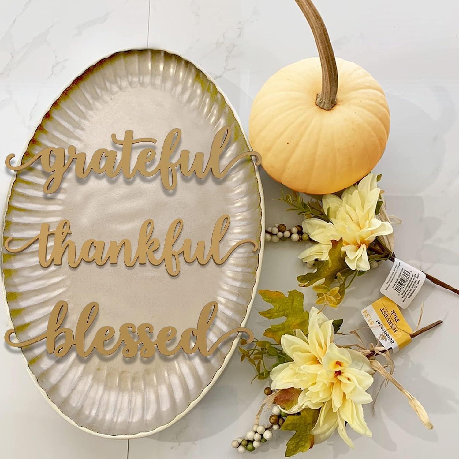 Haoser Thanksgiving Gold Wooden Table Word Place Setting 5 PCS Thankful Grateful Blessed Gather Home Tablescape Words Laser Cut Wood Plate Letter Sign Farmhouse Table Signs Decor Dining - Haoser