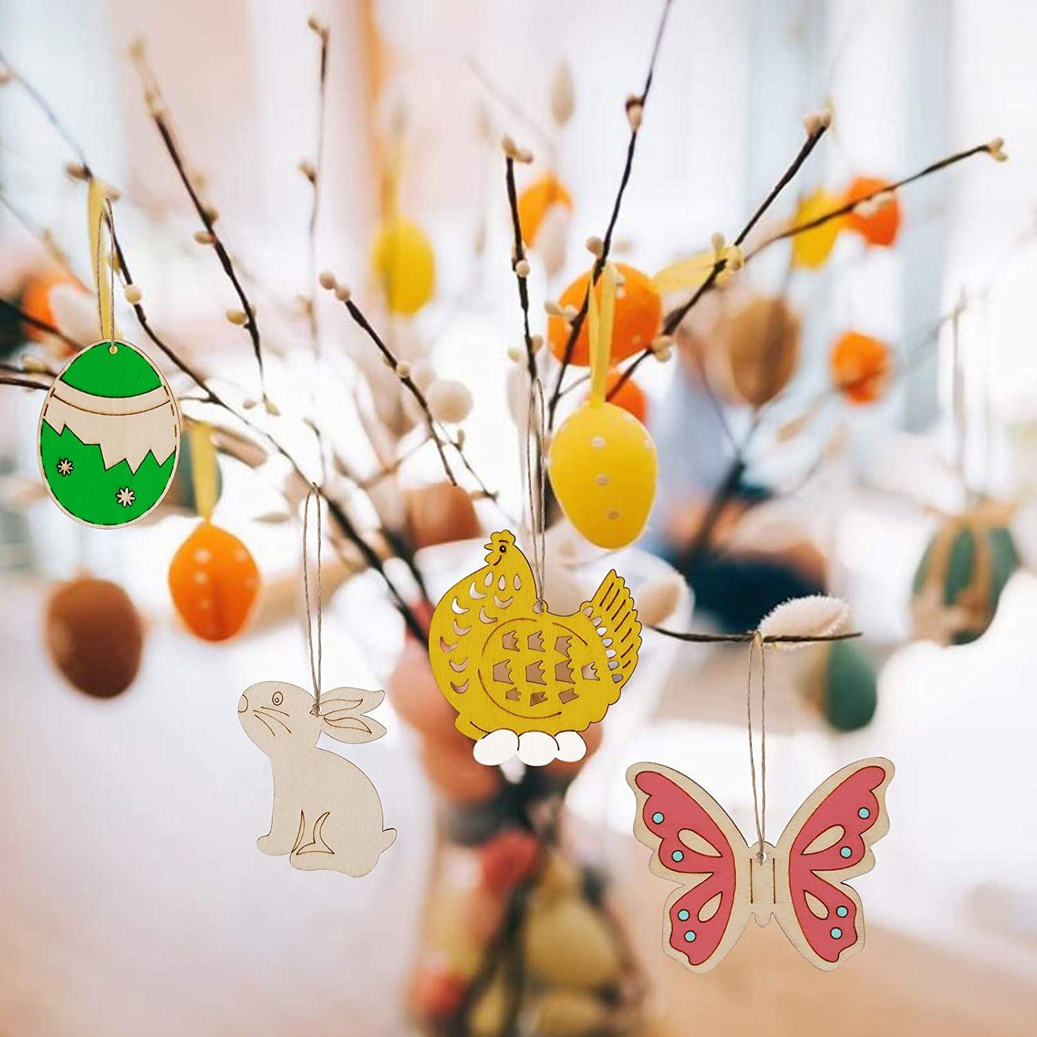 Haoser 12PCS Easter Wood Cutouts for Crafts Easter Unfinished Ornaments DIY with Bunny to Paint for Kids Easter Party Decorations Decor Hanging Egg Shapes with Hole. - Haoser