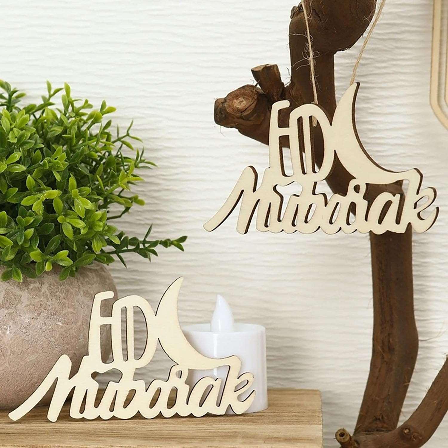 Haoser Set of 10 Eid Special Wooden Pendants, Islamic Festival Decorations, Crescent Moon and Star Design, Handcrafted Eid Mubarak Gifts, Wooden Eid Ornaments, Ramadan and Eid Home Decor (DGN-5) - Haoser