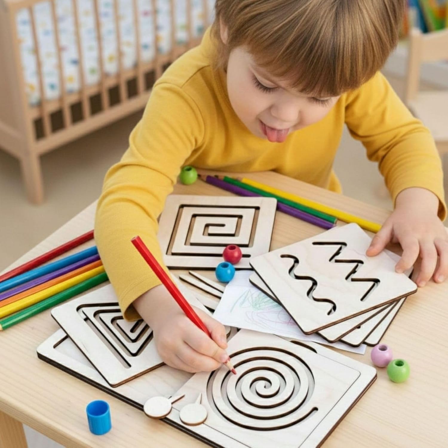 4 Pcs Montessori Wooden Tracing Board Set for Kids | 6 x 6 Inch Pre-Writing Practice Boards