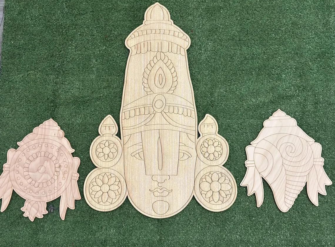 Set of 3 Unfinished Premarked Lord Balaji MDF Craft Cutout | 10" Balaji Face with 4.5" Shankh & Chakra