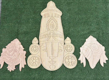 Set of 3 Unfinished Premarked Lord Balaji MDF Craft Cutout | 10" Balaji Face with 4.5" Shankh & Chakra