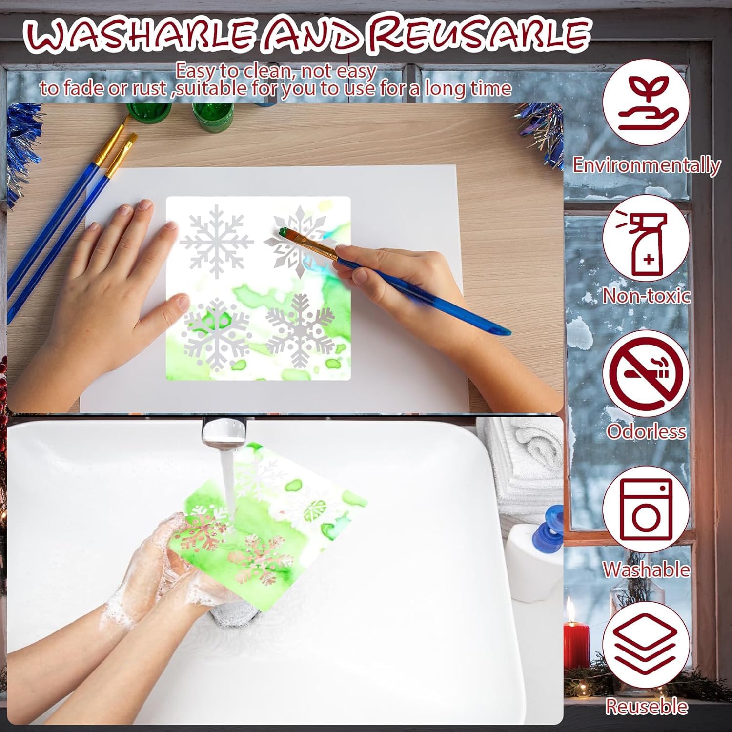 4 Pcs Christmas Snowflake Stencils | Reusable Plastic Winter Snowflake Templates for Crafts