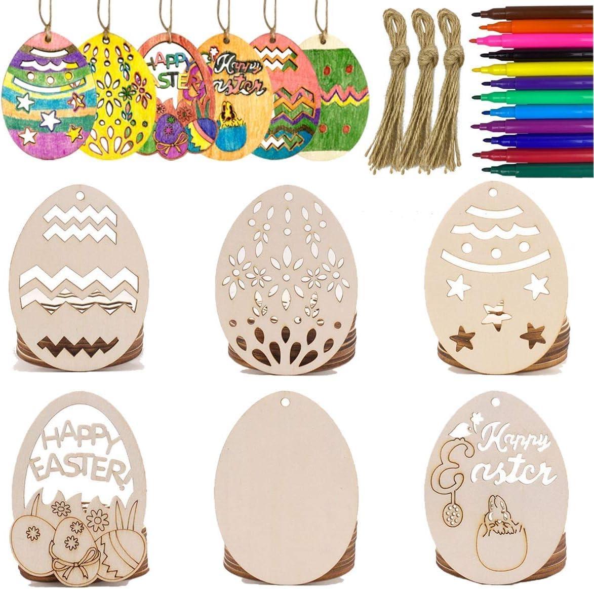 Haoser 12 Pieces Easter Egg Wooden Cutout Unfinished Wood Egg Slices Easter Wooden DIY Paint Crafts Hanging Embellishment with Twines for Easter Party Kids Painting Home Crafts Decorations Supplies - Haoser