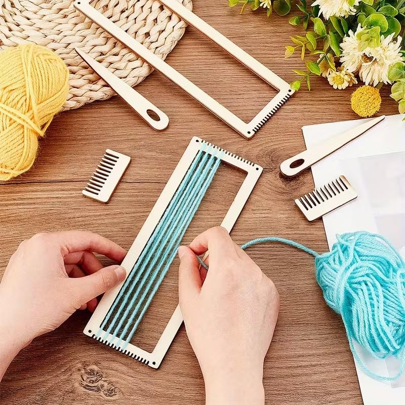 2 Sets Mini Wooden Weaving Loom Kit – Recycled Wood Frame, Light Yellow Tapestry Loom with Comb