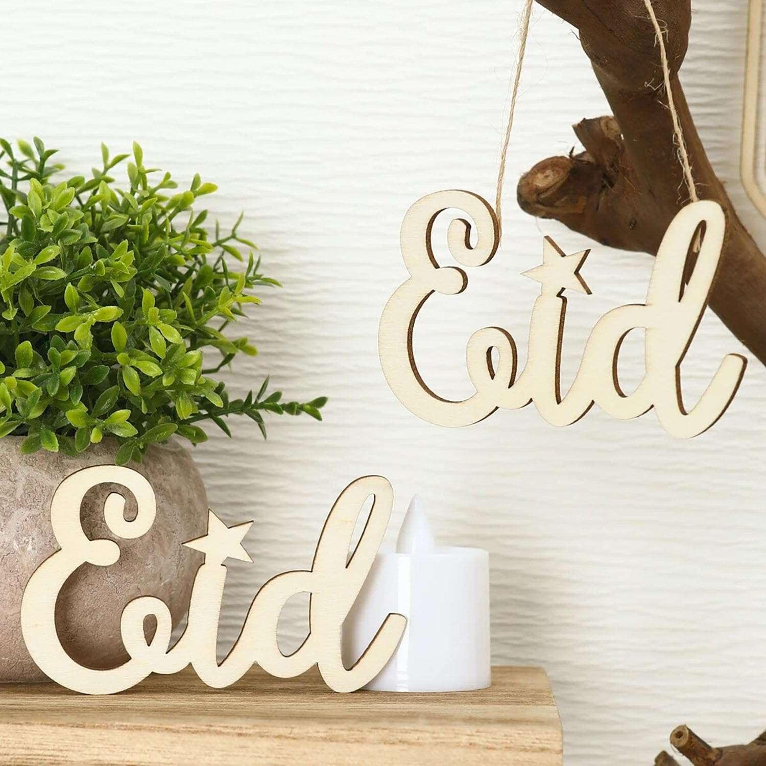 Haoser Set of 10 Eid Special Wooden Pendants, Islamic Festival Decorations, Crescent Moon and Star Design, Handcrafted Eid Mubarak Gifts, Wooden Eid Ornaments, Ramadan and Eid Home Decor (DGN-5) - Haoser