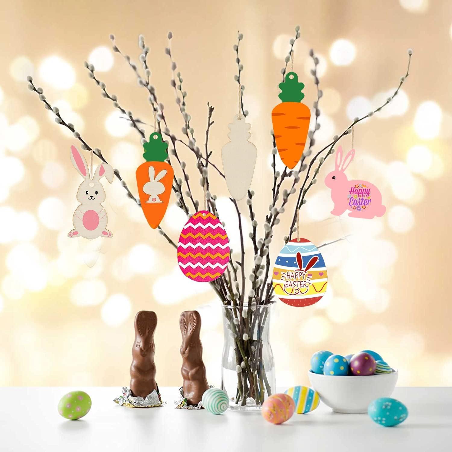 Haoser 20 Pieces Easter Wooden Ornaments Unfinished Wood Easter Egg Bunny Carrot Cutouts Blank Wooden Carrot Egg Rabbit Hanging Ornaments Carrot Shaped Wood DIY Crafts for Easter DIY Projects - Haoser