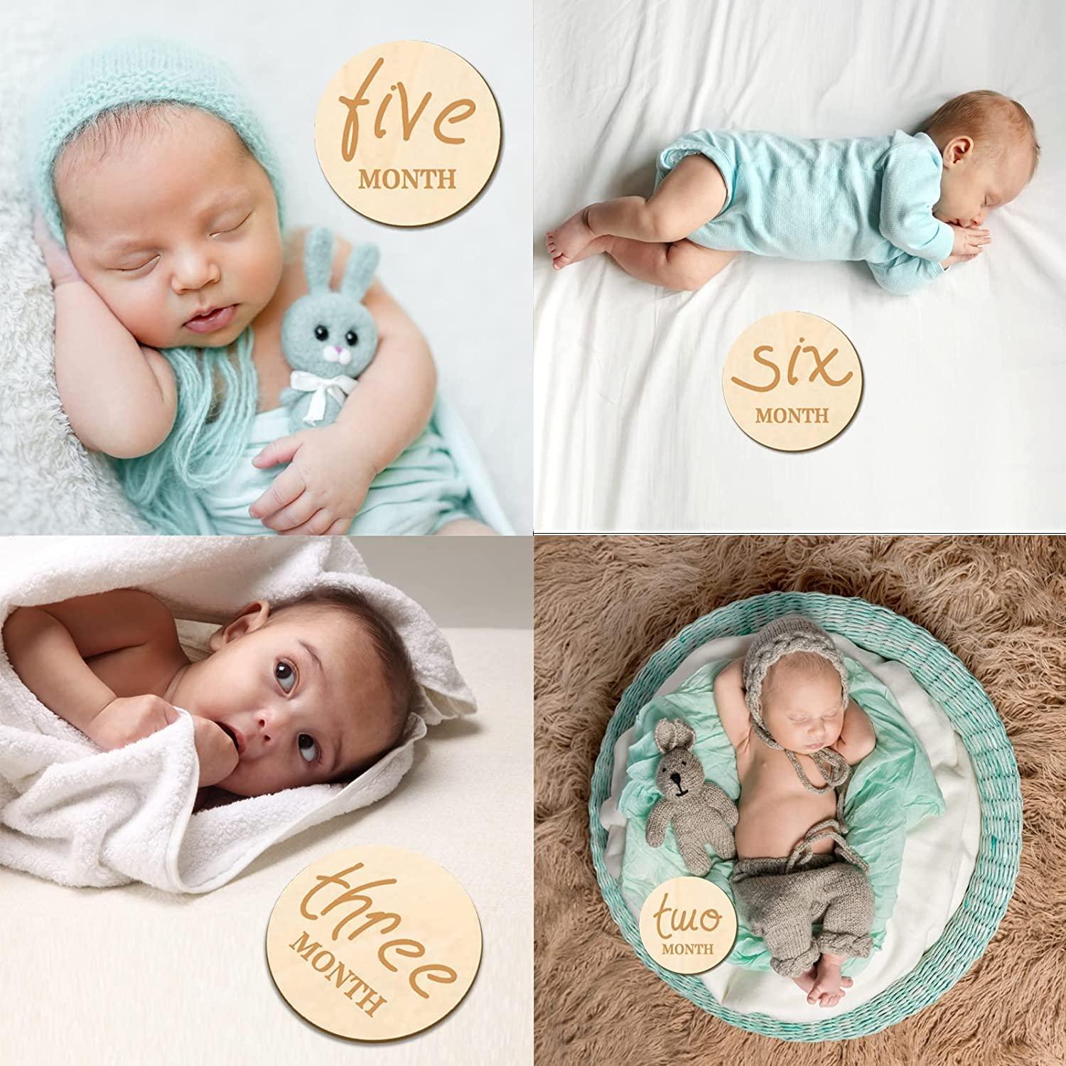 Haoser 12 PCS Wooden Baby Monthly Milestone - Milestone Photo Cards, 1-12 Months Wood Milestone Disc Set, Birth Announcement Sign for First Year Picture Props, 4 inch Diameter - Haoser