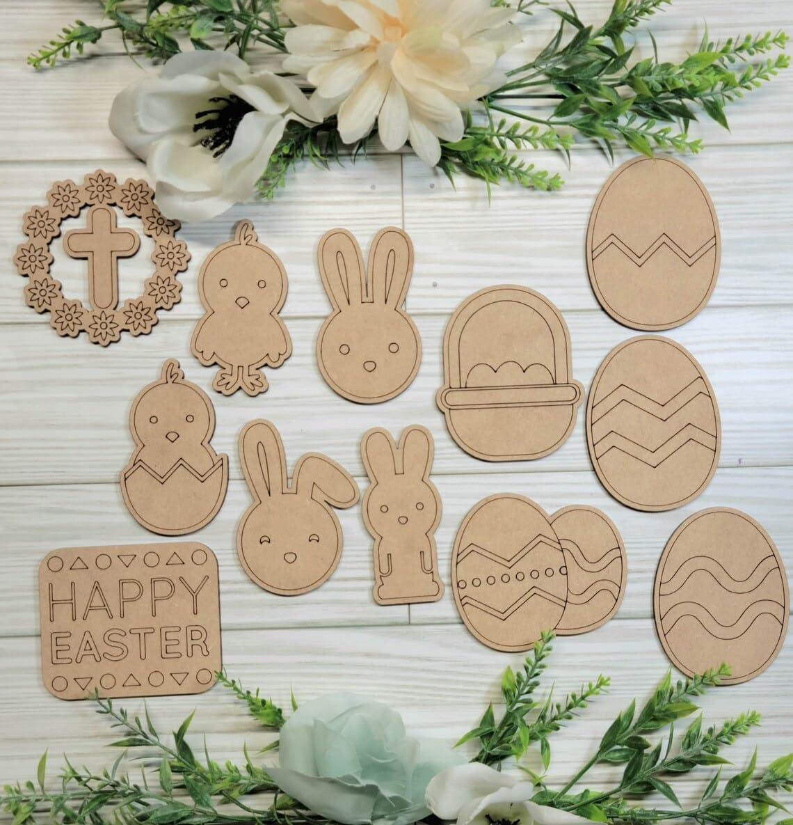 Haoser Pack of 14 Pieces Easter Crafts Wooden Ornaments Unfinished Crafts Wood Hanging Ropes Egg Bunny Chicken Flower Shape for DIY Kids Easter Party Decoration Supplies - Haoser