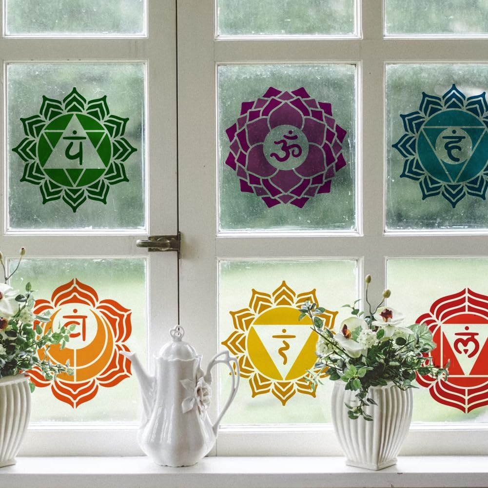 7 Chakra Stencils for Painting – 5.9 Inch Reusable Human Chakra Symbols Template