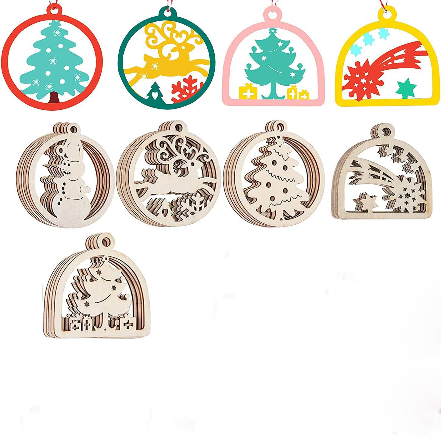 Haoser 20pcs Unfinished Wooden Hanging Ornaments for Christmas Decorations,5 Styles DIY Wood Slices with Holes for Kids Crafts Centerpieces Holiday Hanging Decorations