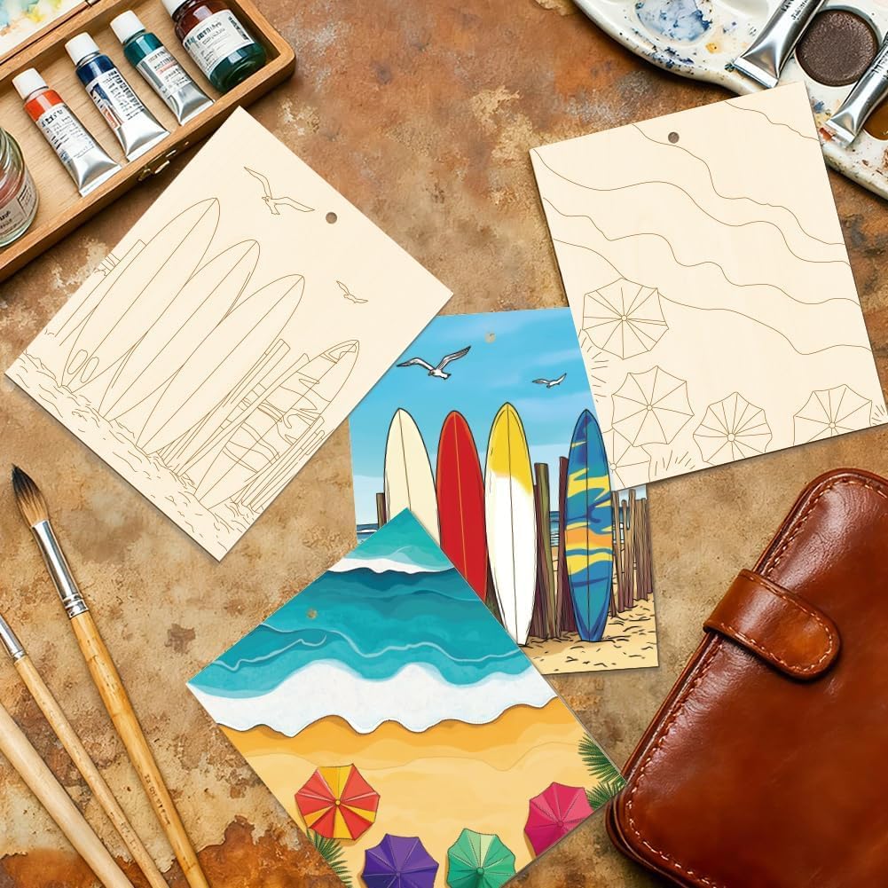 15 Pcs Wooden Beach Cutouts for DIY Craft | Unfinished Wood Slices 5.9 x 4.7 Inch