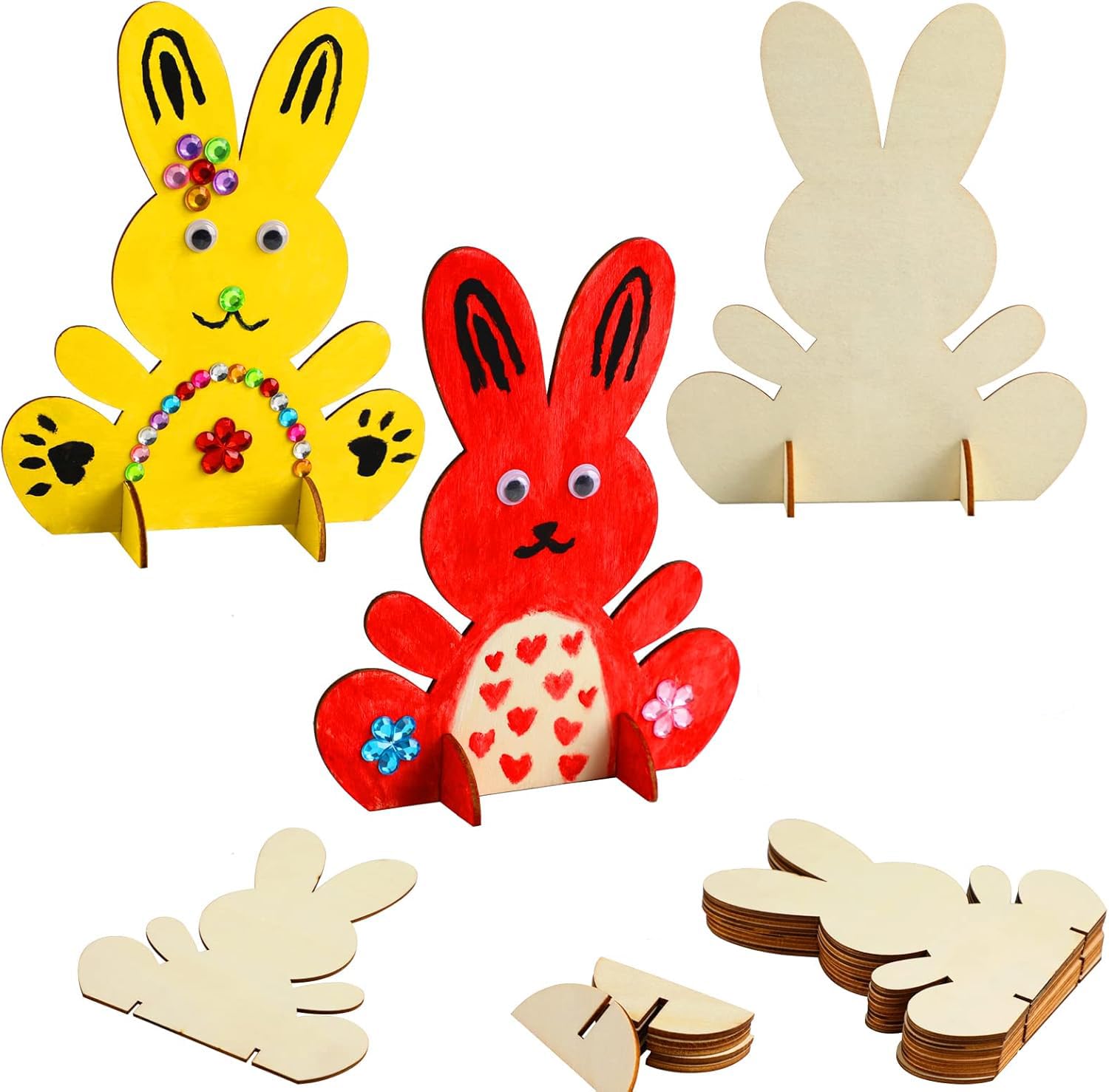 10 PCS Easter Crafts for Kids – Wooden Bunny Cutouts Painting Kit (6.6 x 5.2 Inch) | DIY Easter Bunny Art & Craft Set