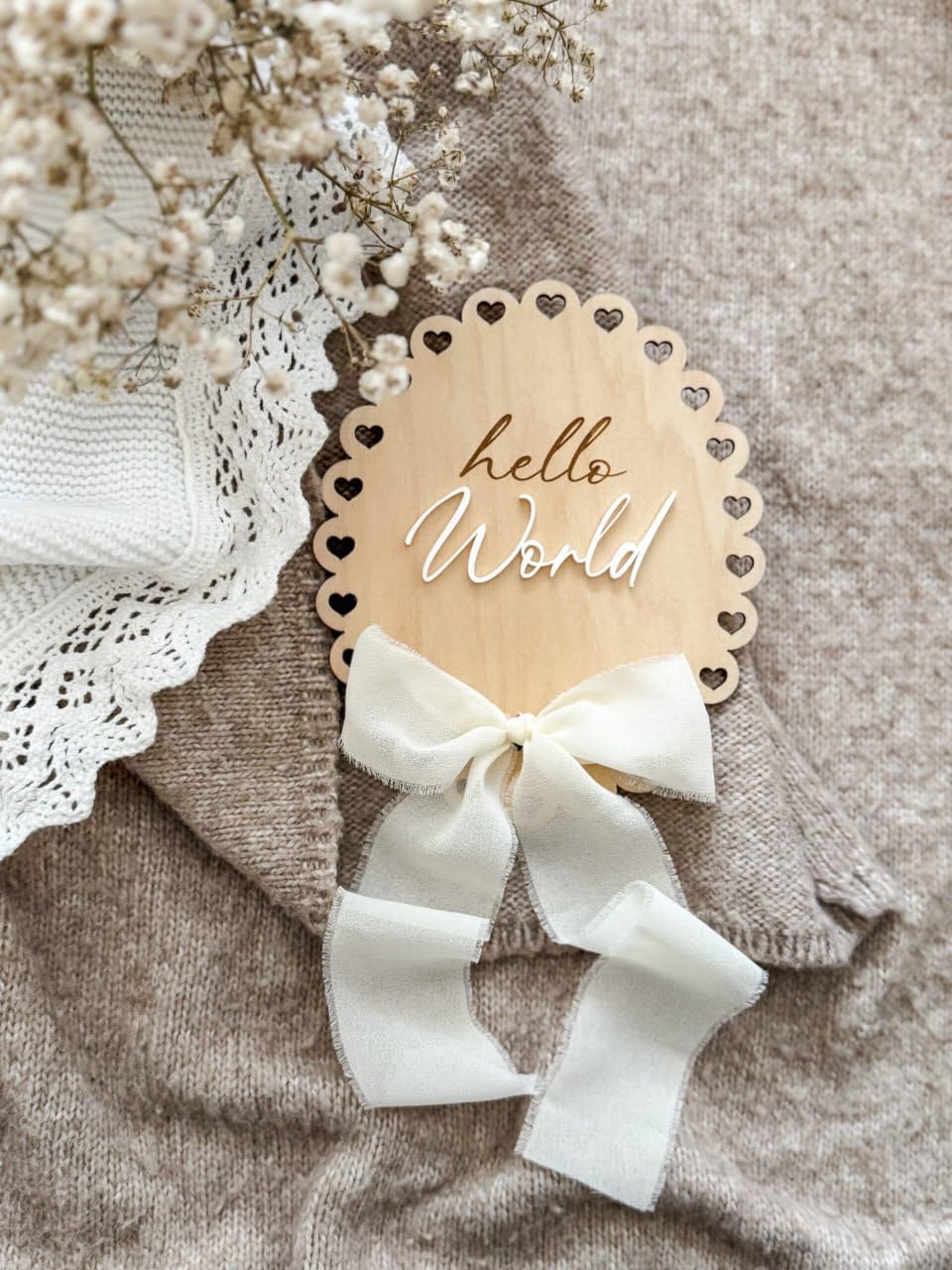 Wooden Hello World Baby Announcement Plaque 6 Inch | Nursery Photo Prop