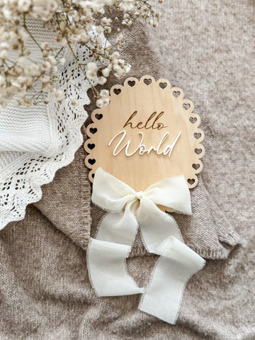 Wooden Hello World Baby Announcement Plaque 6 Inch | Nursery Photo Prop