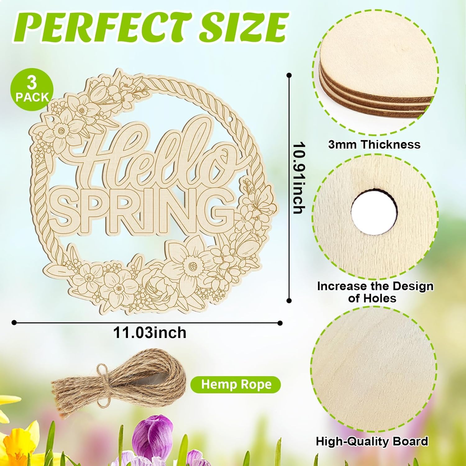 3 Pcs Wooden Spring Ornaments to Paint, Flower Wooden DIY Blank Unfinished Round Wood