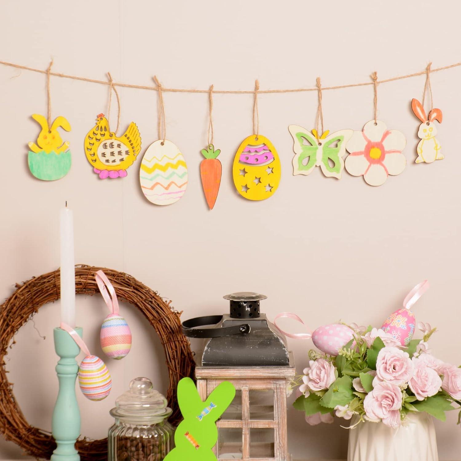 Haoser 24 Pcs Easter Wood Cutouts for Crafts Unfinished Wooden Cutouts with Holes Blank Wood Bunny Carrot Egg Chick Flower Shape Slices Ornaments Craft Tags with Twines for Kids DIY Easter - Haoser