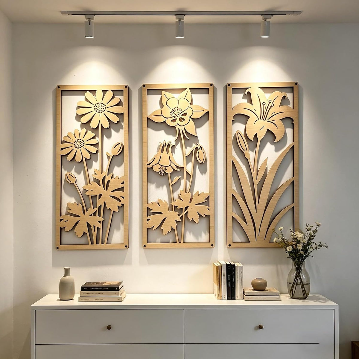 Set of 3 Wooden Floral Wall Art Panels | Minimalist Boho Flower Wall Decor