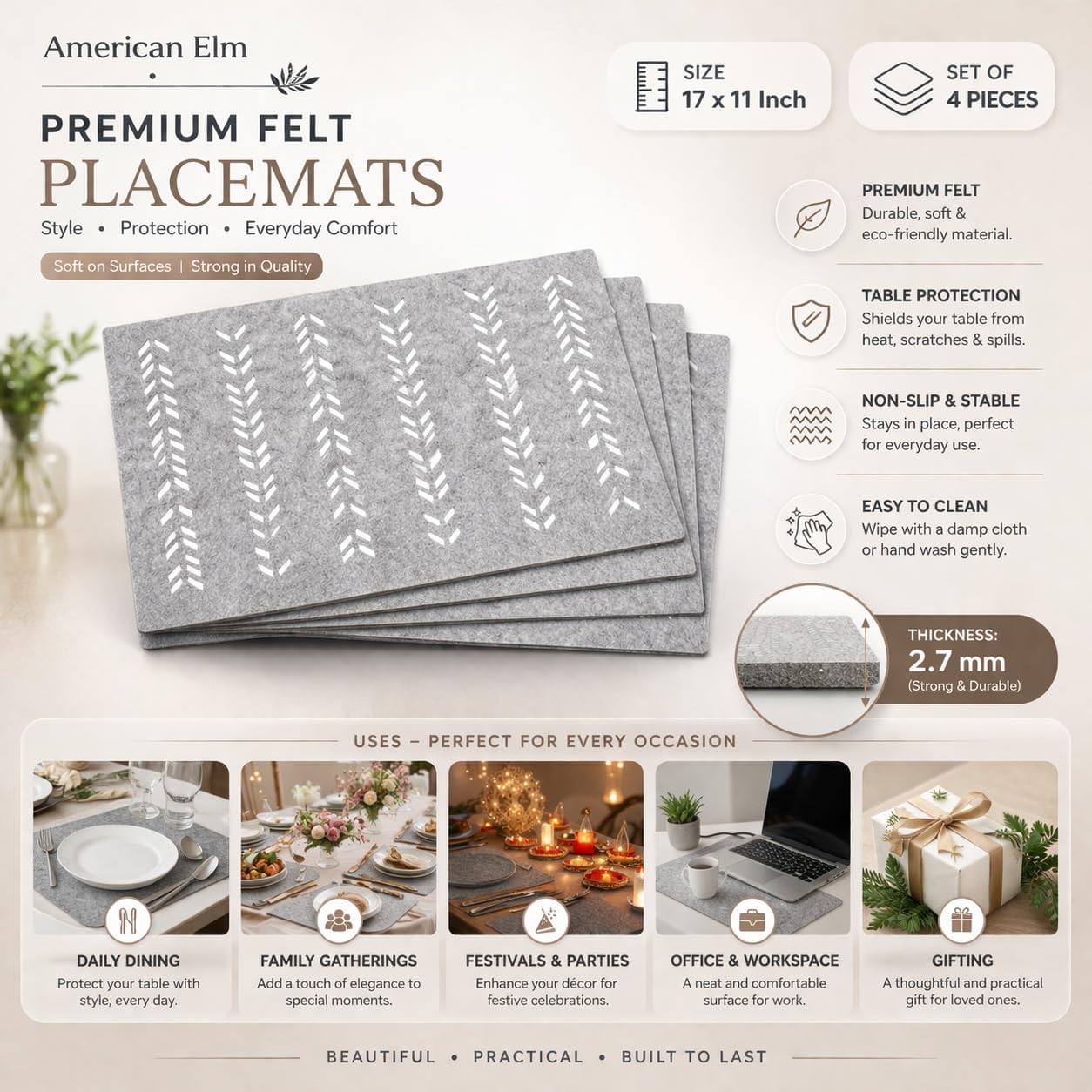Set of 4 Grey Felt Placemats | Chevron Pattern Rectangle Dining Table Mats