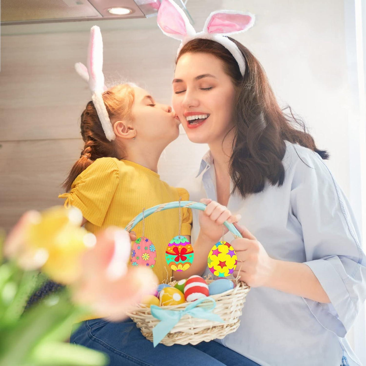 Haoser 16 PCS Easter Wooden Hanging Ornaments Unfinished Wood Slices Eggs Easter Crafts for Kids DIY Easter Decorations Party Supplies Decor - Haoser