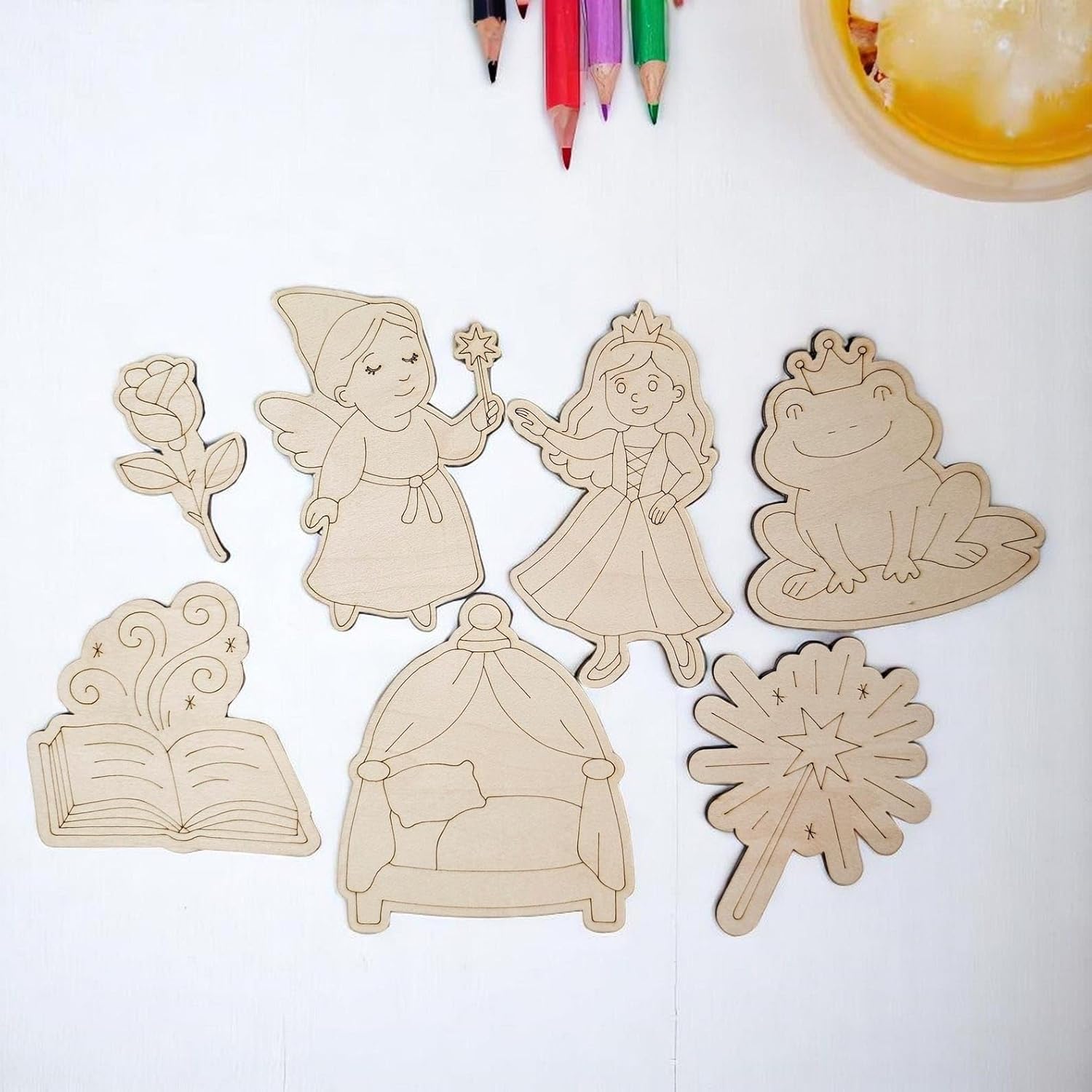 7 Pcs Wooden Fairy Tale Coloring Kit for Kids | Princess, Magic Wand, Frog DIY Craft Set