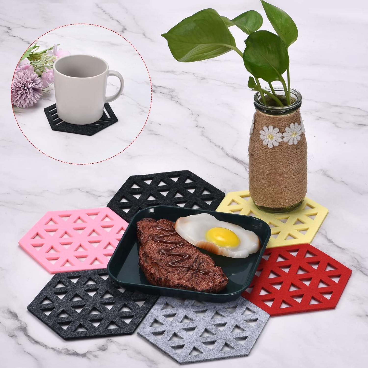 12 Pcs Black Hexagonal Drink Coasters – Vase, Reusable Thick Pads for Dining Table