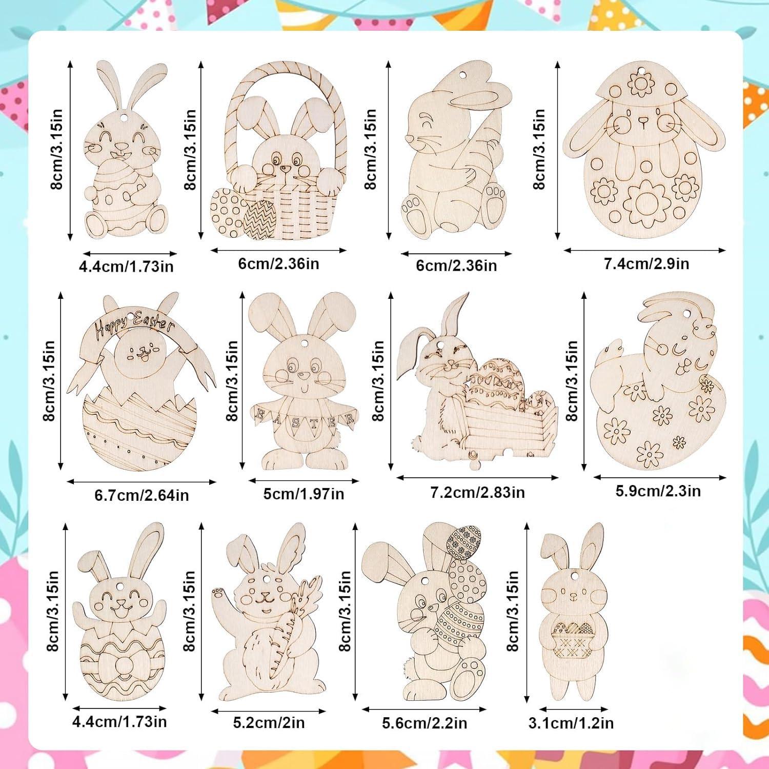 Haoser Easter Unfinished Wooden Cutouts, 12 PCS 12 Styles Bunny Rabbit Hanging Ornaments, Blank Wood Cutouts for Crafts, Wooden Blank Paint Crafts for DIY Easter Spring Home Holiday School Decoration - Haoser