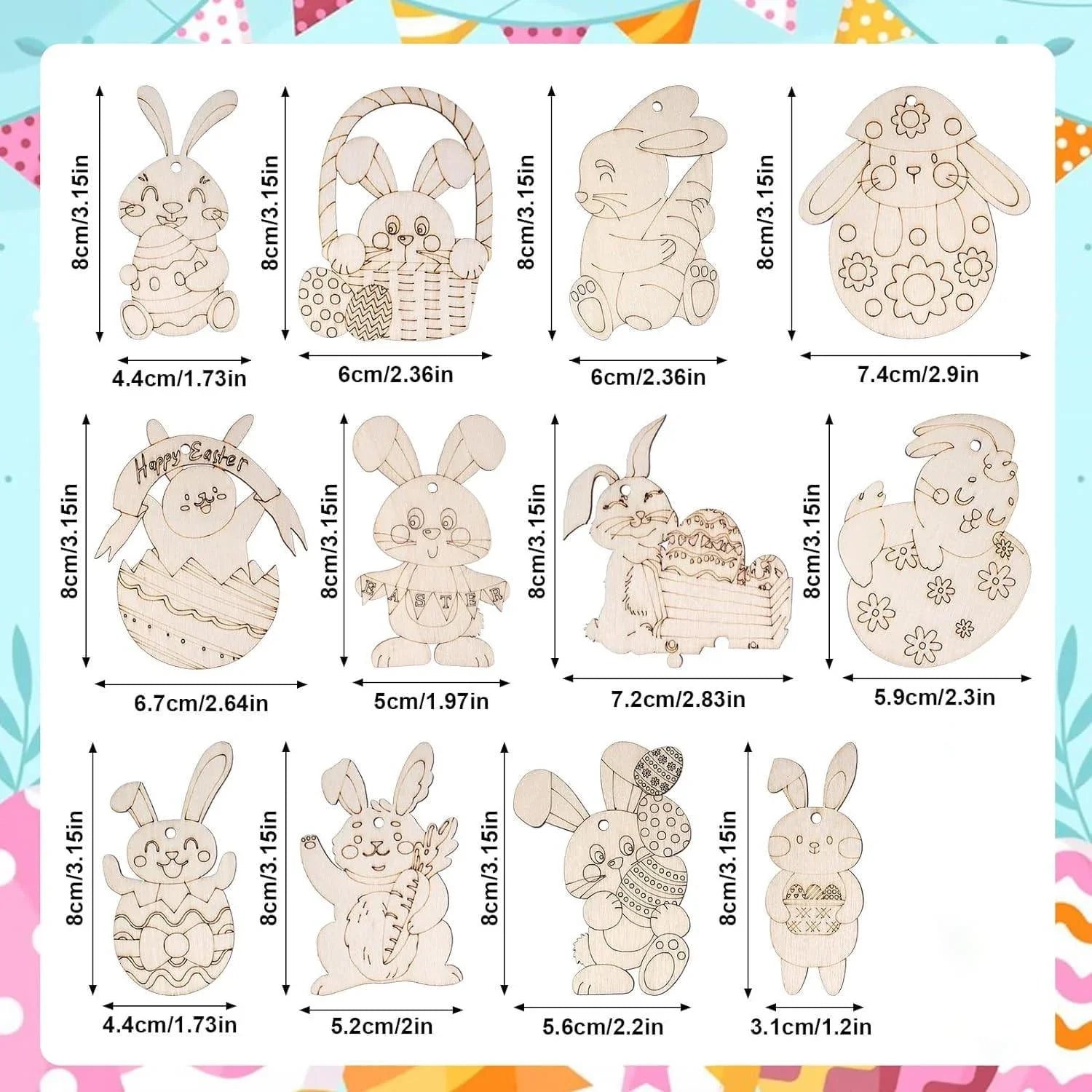 Haoser Easter Unfinished Wooden Cutouts, 12 PCS 12 Styles Bunny Rabbit Hanging Ornaments, Blank Wood Cutouts for Crafts, Wooden Blank Paint Crafts for DIY Easter Spring Home Holiday School Decoration - Haoser