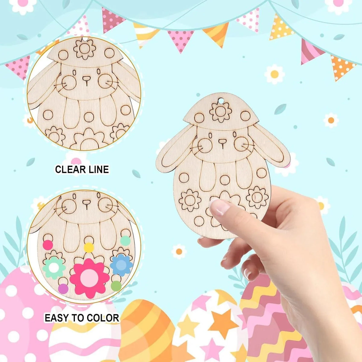 Haoser Easter Unfinished Wooden Cutouts, 12 PCS 12 Styles Bunny Rabbit Hanging Ornaments, Blank Wood Cutouts for Crafts, Wooden Blank Paint Crafts for DIY Easter Spring Home Holiday School Decoration - Haoser