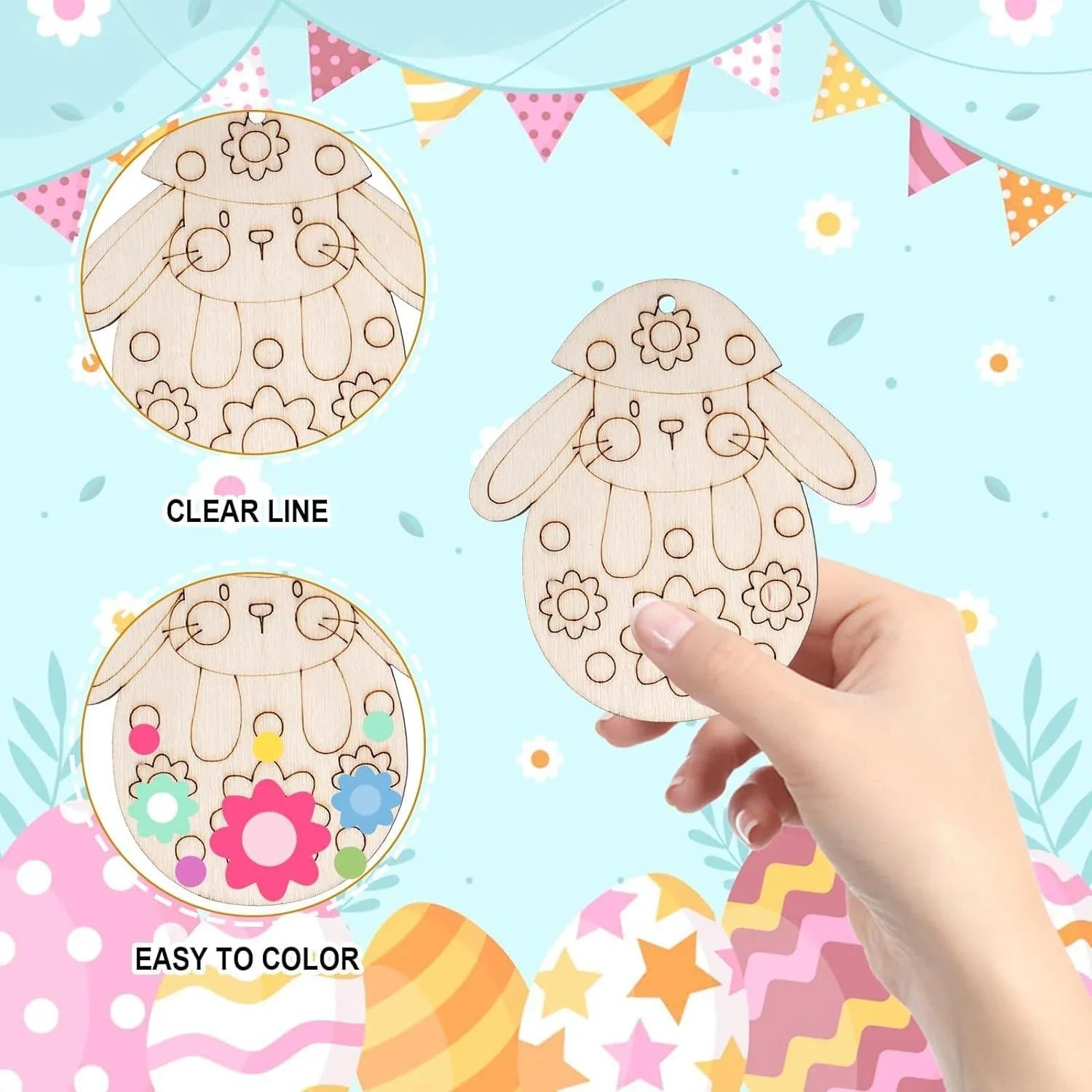 Haoser Easter Unfinished Wooden Cutouts, 12 PCS 12 Styles Bunny Rabbit Hanging Ornaments, Blank Wood Cutouts for Crafts, Wooden Blank Paint Crafts for DIY Easter Spring Home Holiday School Decoration - Haoser