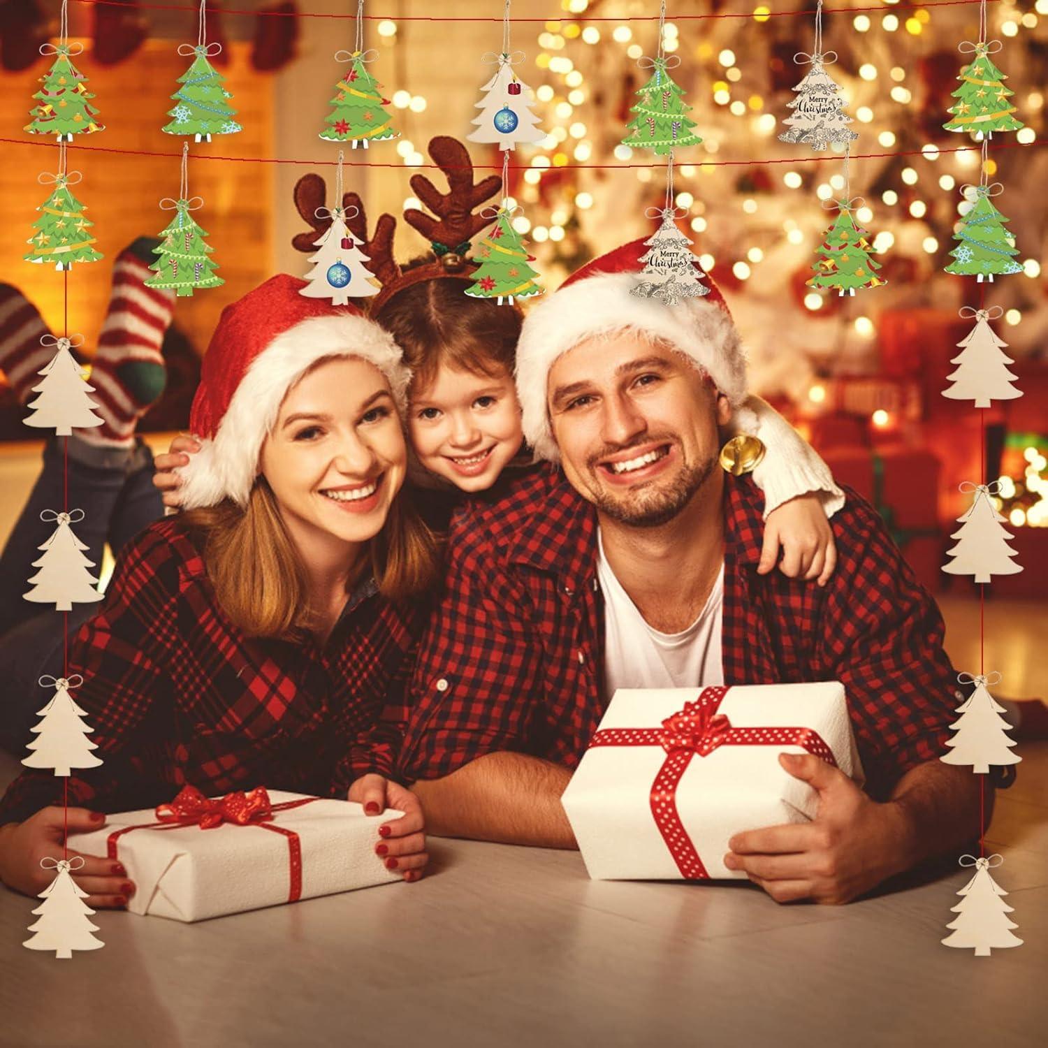 Haoser 12 Pieces Wooden Christmas Tree Cutouts Crafts Embellishments Unfinished Christmas Tree Hanging Ornaments Blank Christmas Tree Wood Cutouts Slice - Haoser