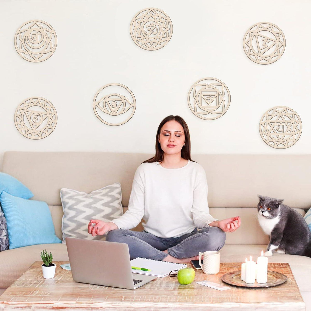 Haoser 7 Pack Sacred Geometry Wall Art Wooden Chakra Wall Art Crystal Grid Board Yoga Wall Decor Hindu Decor Meditation Spiritual Decor for Bedroom Geometry Hanging Sculpture Home Decor - Haoser