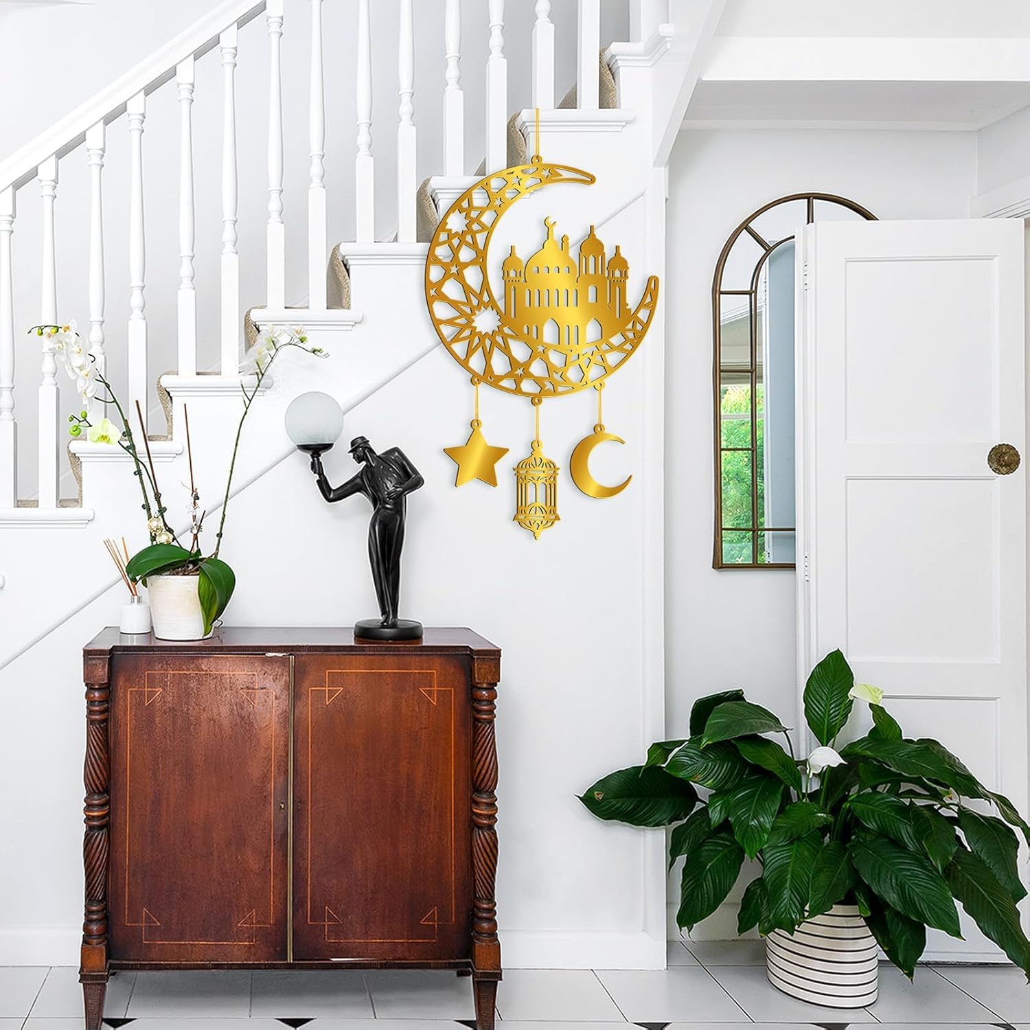 Ramadan Mubarak Acrylic Door Wreath – Hollow Moon & Star Islamic Wall Decor