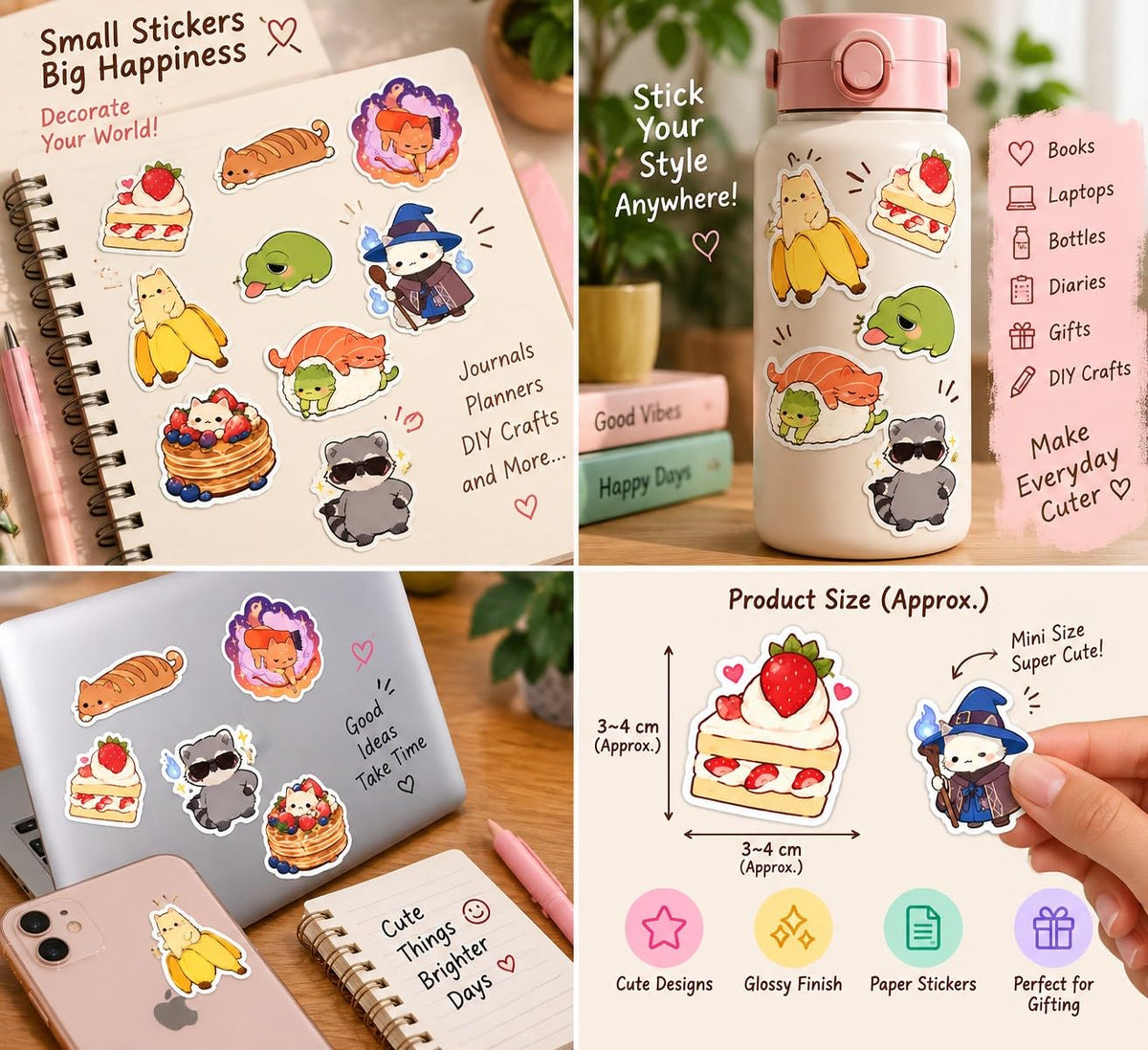 Haoser Haoser Random Mini Stickers Pack of 10 | Cute Tiny Paper Stickers with Glossy Finish | Cute Cat & Animal Stickers | Small Decorative Stickers for Scrapbooking, Diary, Laptop & DIY Crafts