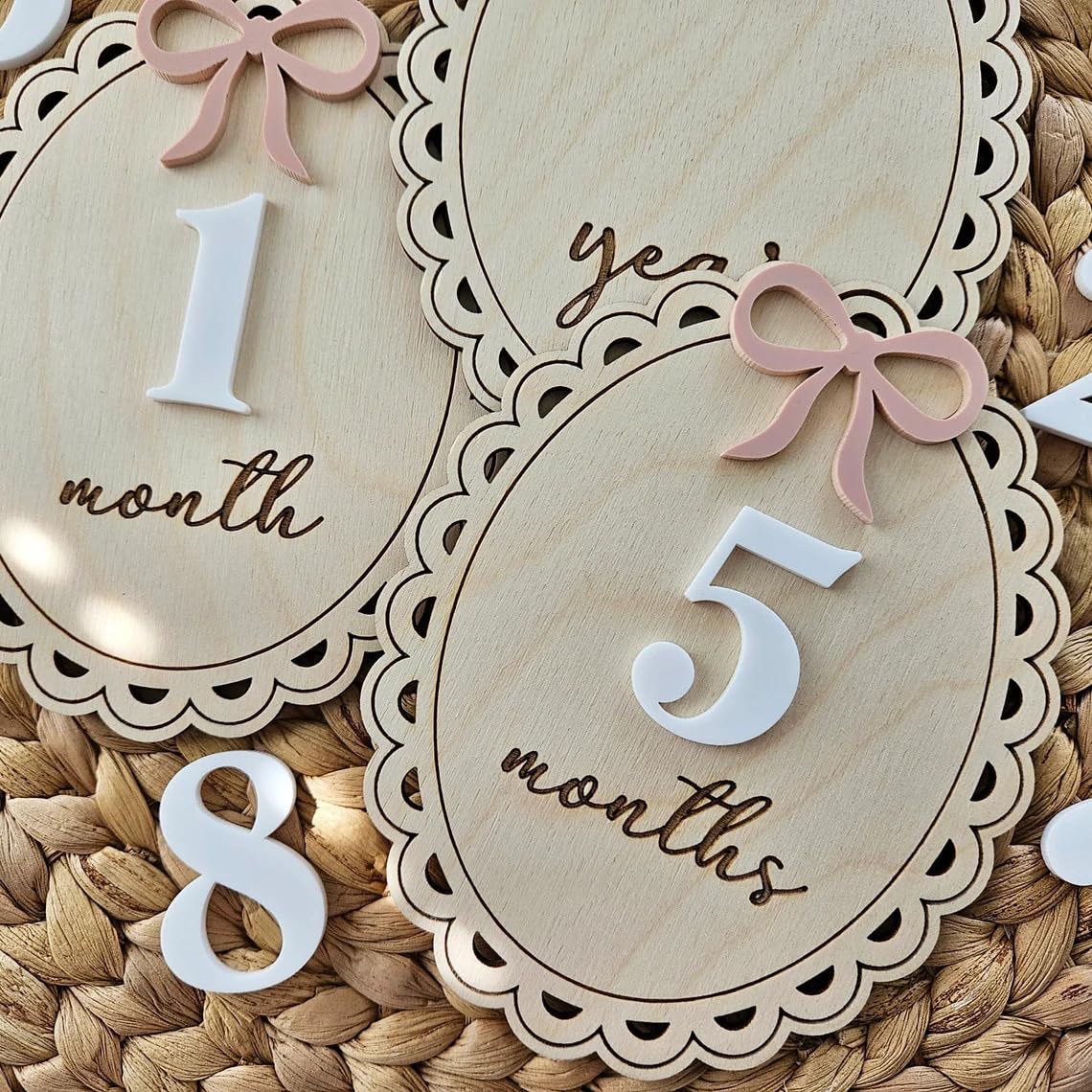 Set of 3 Bow-Themed Monthly Milestone Discs – Wooden Baby Monthly Photo Props
